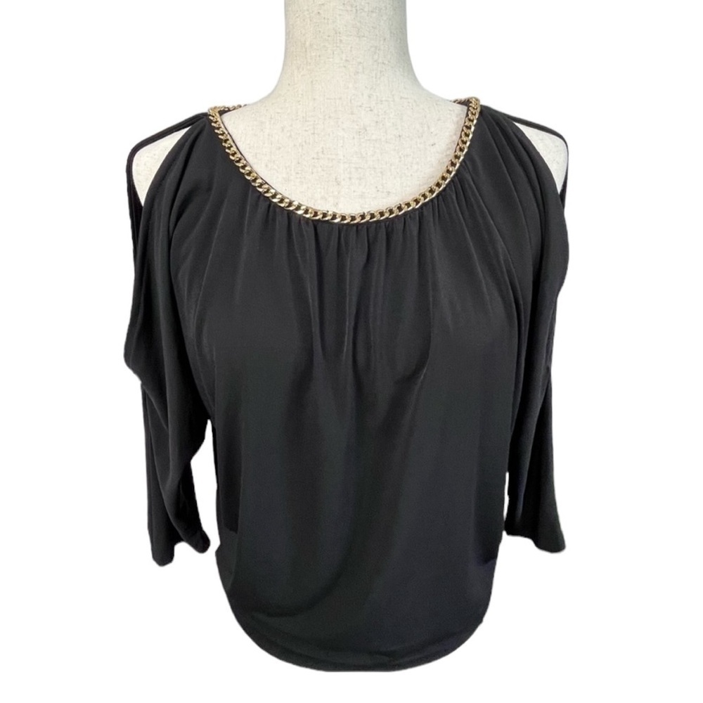 Michael Kors Black w/ Gold Chain 3/4 Sleeve Cold Shoulder Knit Top. Small #198 - Picture 2 of 5